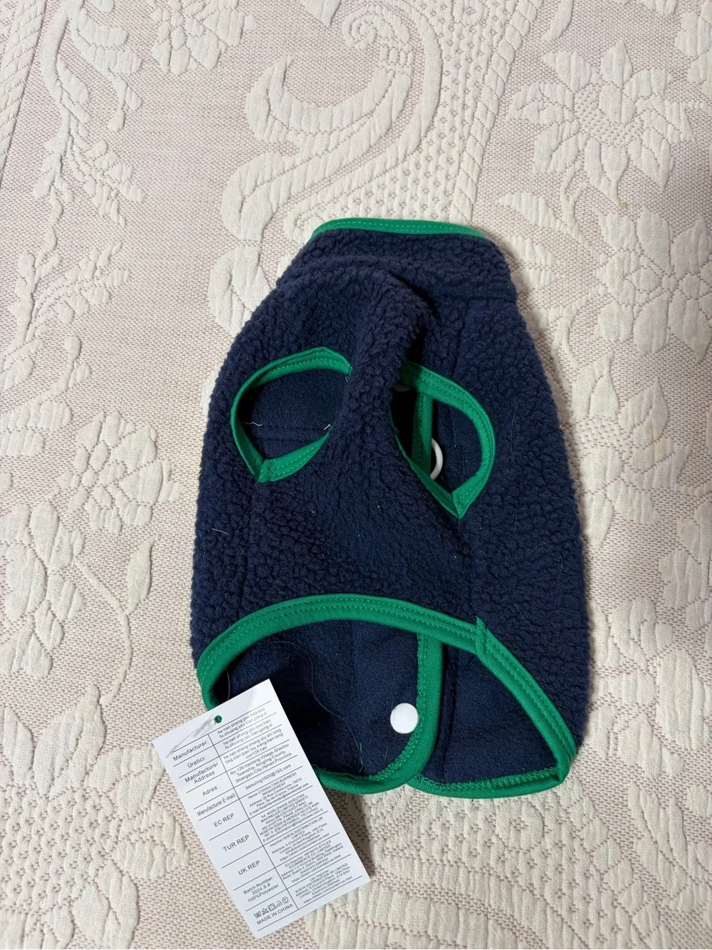 NWT Miniature Pet Navy Sherpa Puffer VEST with Green Trim and Yellow Pocket